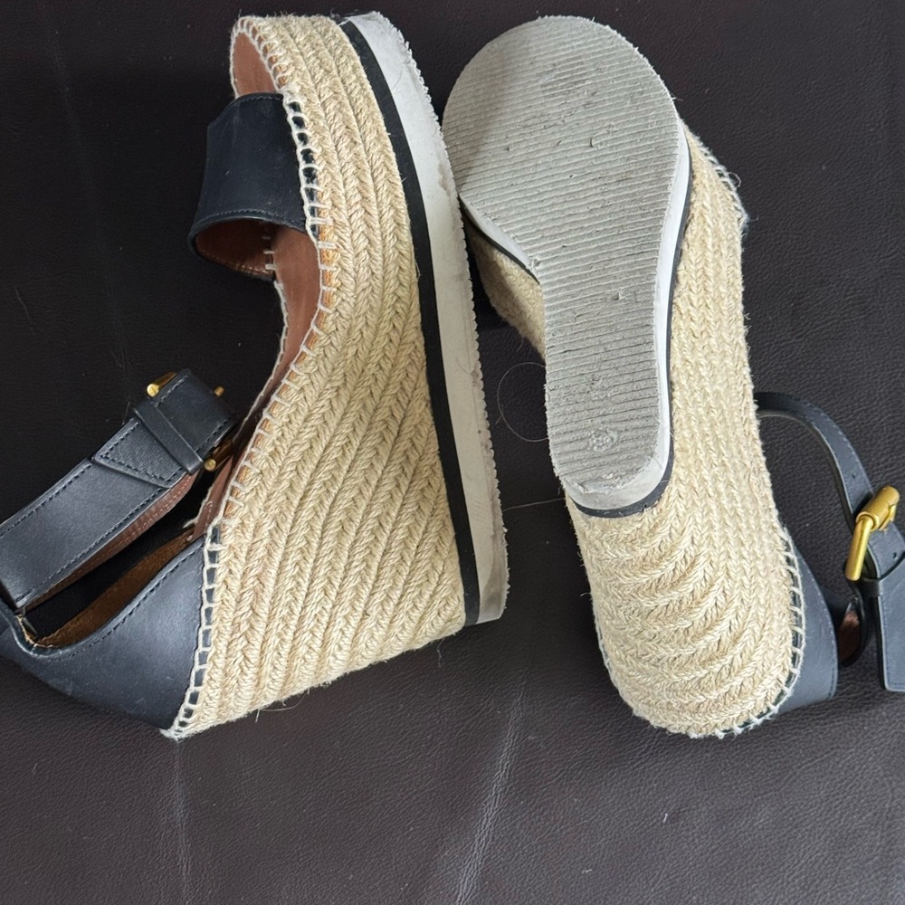 See By Chloe Black Leather Espadrille Wedge Sandal with Gold Buckle - Picture 6 of 8